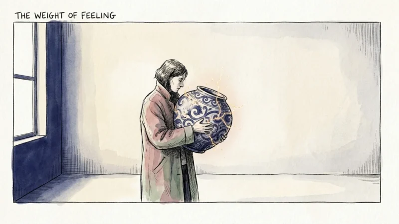 An ink and watercolor illustration of a person holding a large ceramic vase with glowing gold cracks, symbolizing hidden internal pressure.