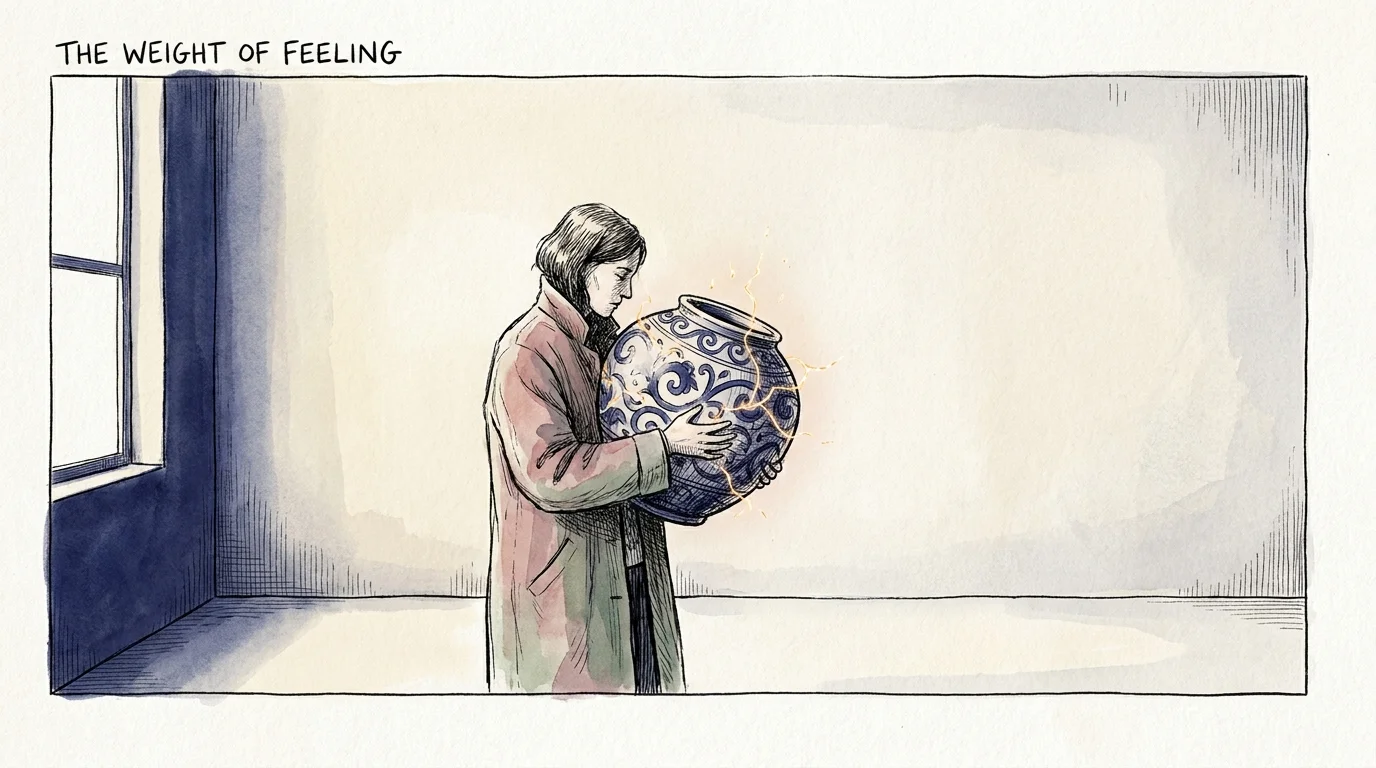 An ink and watercolor illustration of a person holding a large ceramic vase with glowing gold cracks, symbolizing hidden internal pressure.