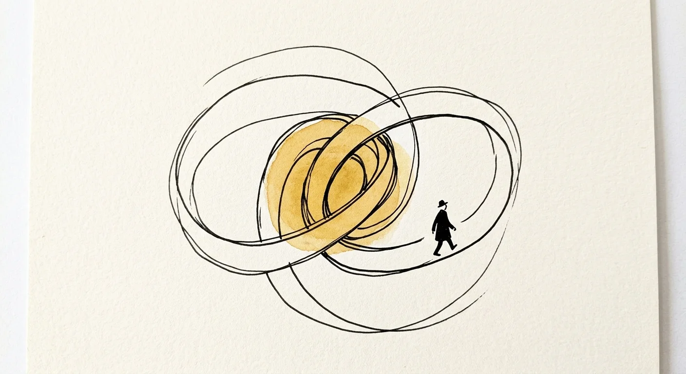 An ink and watercolor illustration of a small figure walking on an endless, looping spiral pathway.