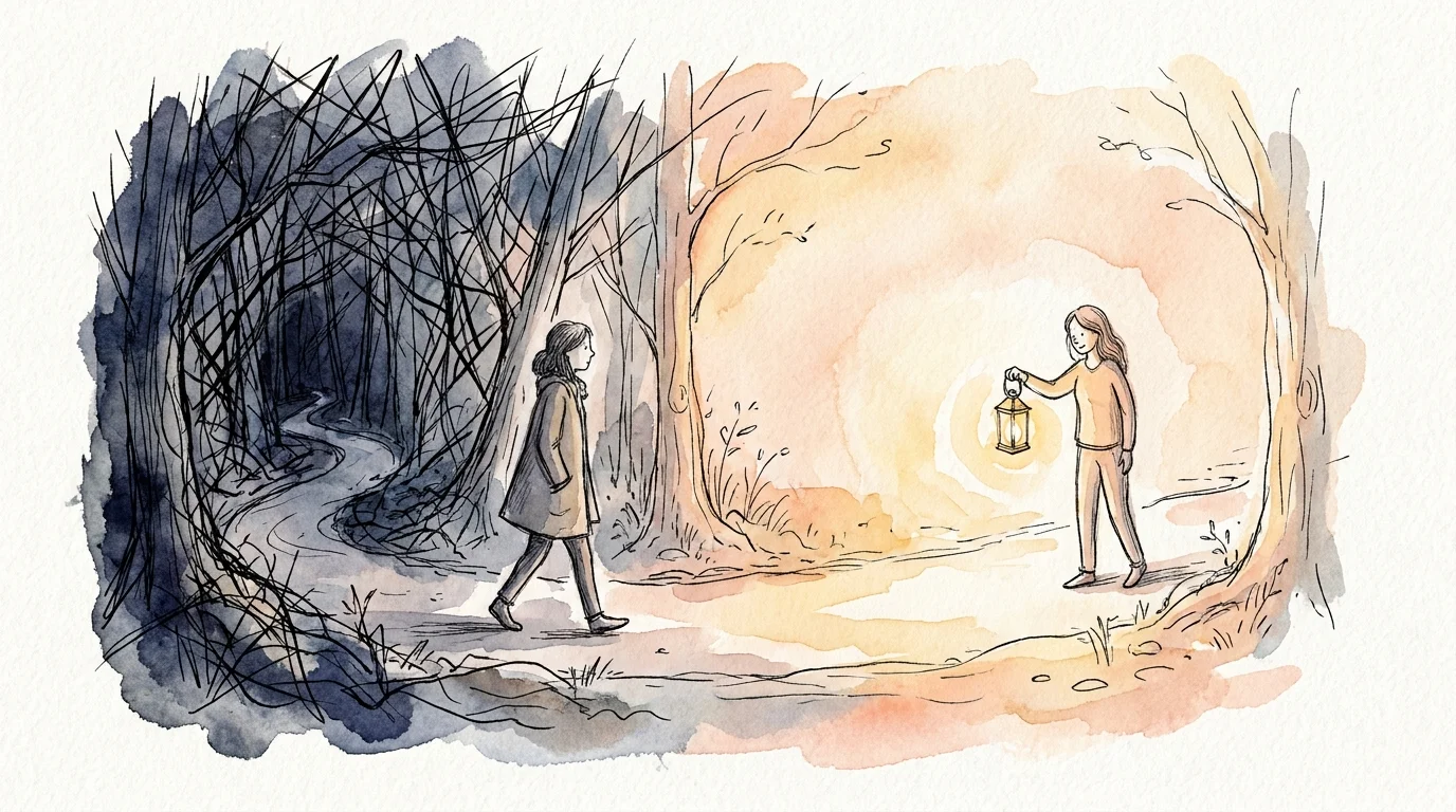 An ink and watercolor illustration showing a person walking away from a dark, tangled forest toward a warm figure holding a glowing lantern.