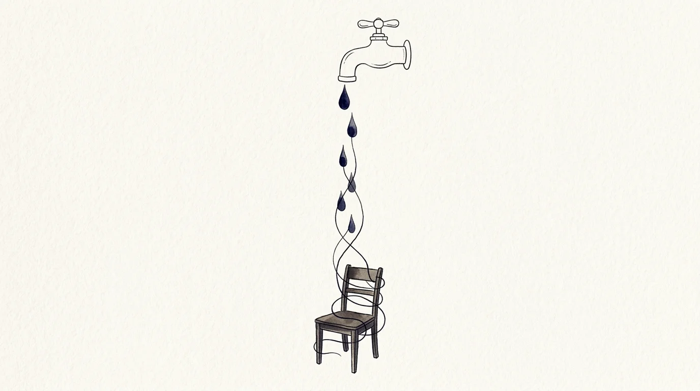 An ink illustration of a faucet dripping thin threads that wrap around a small chair, representing a slow drip of control.