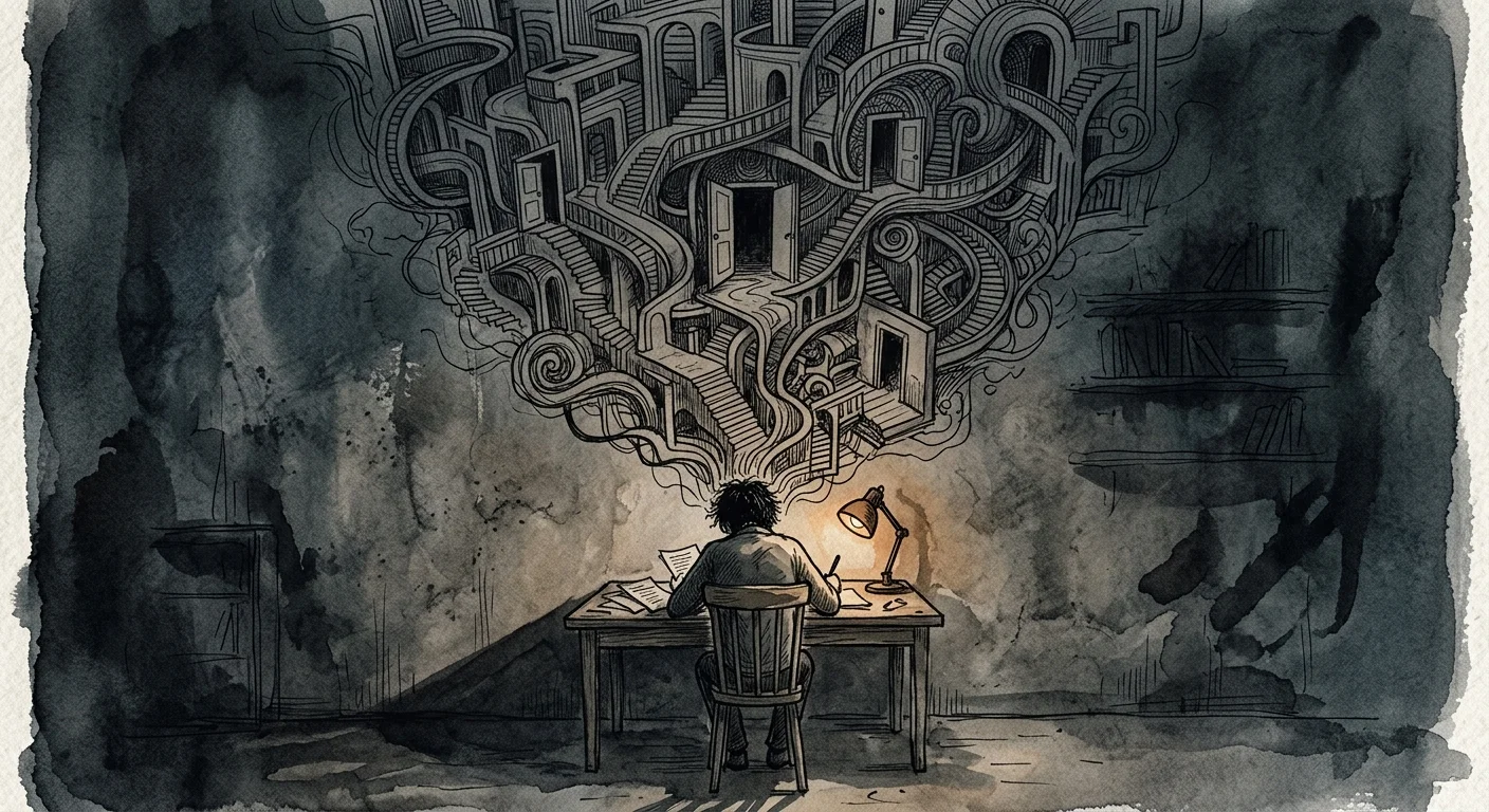 An ink illustration of a person sitting at a desk beneath a towering, complex labyrinth of thoughts.