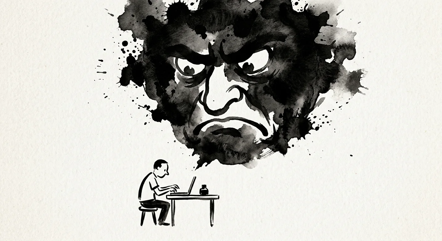 An ink illustration of a small figure at a desk with a giant, abstract dark ink splatter shaped like a face looming overhead.
