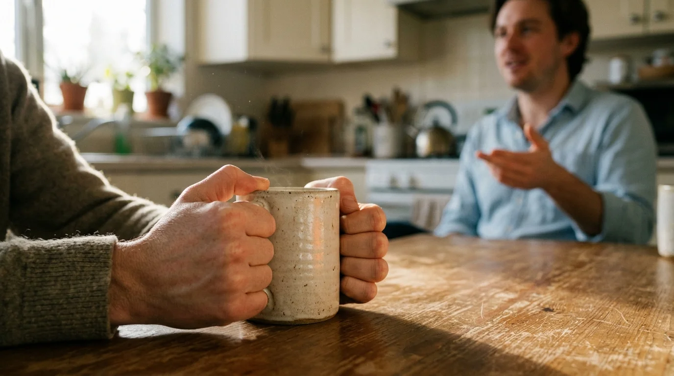 Close-up of tense hands gripping a ceramic mug at a kitchen table, capturing somatic anxiety.