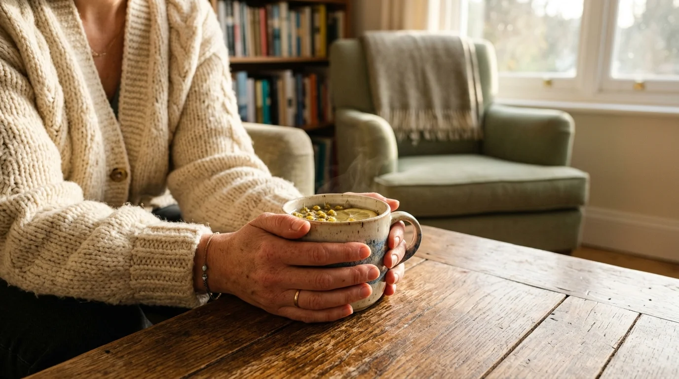 Close-up photograph of hands holding a warm mug on a wooden table in a sunlit, cozy room, conveying safety.