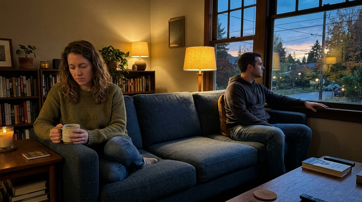 Documentary photograph of a couple sitting far apart on a sofa in a dimly lit room, conveying silent emotional distance.