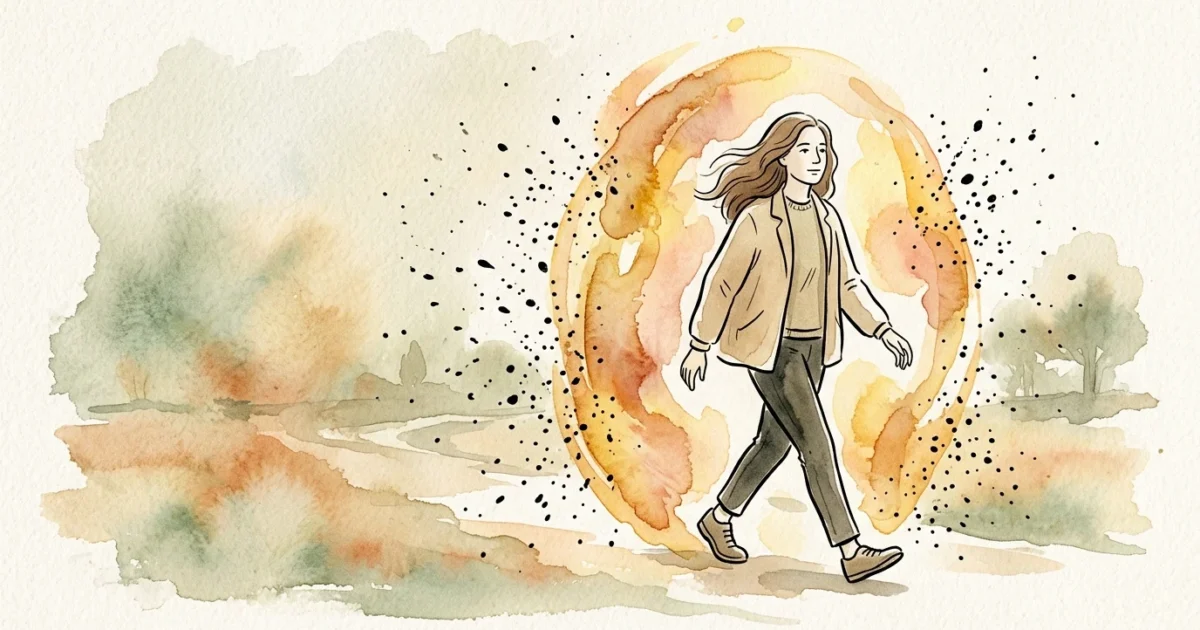 Editorial illustration of a person surrounded by a protective warm watercolor aura, deflecting dark droplets on textured paper.