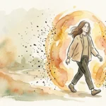 Editorial illustration of a person surrounded by a protective warm watercolor aura, deflecting dark droplets on textured paper.