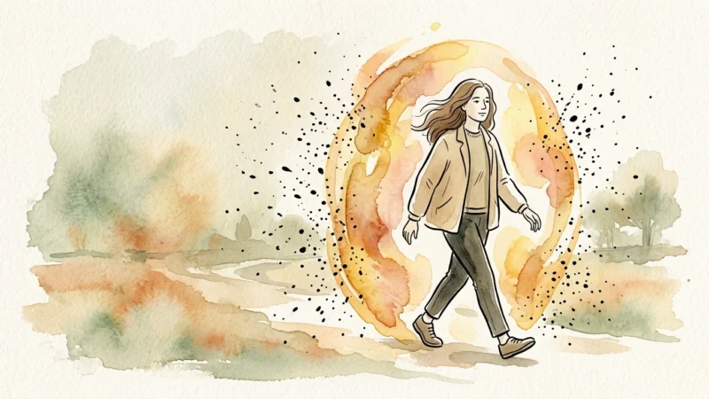 Editorial illustration of a person surrounded by a protective warm watercolor aura, deflecting dark droplets on textured paper.