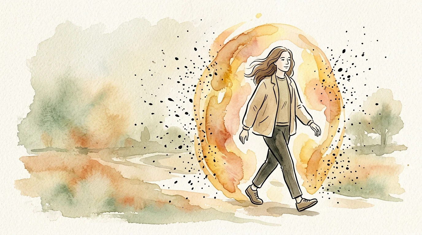 Editorial illustration of a person surrounded by a protective warm watercolor aura, deflecting dark droplets on textured paper.