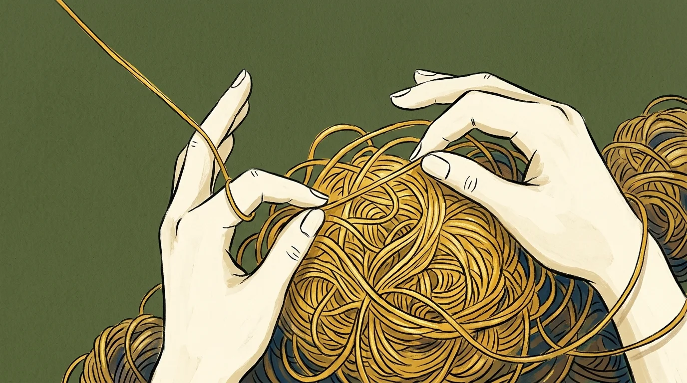 Editorial illustration of hands patiently untangling a golden thread, representing the understanding of defense mechanisms.