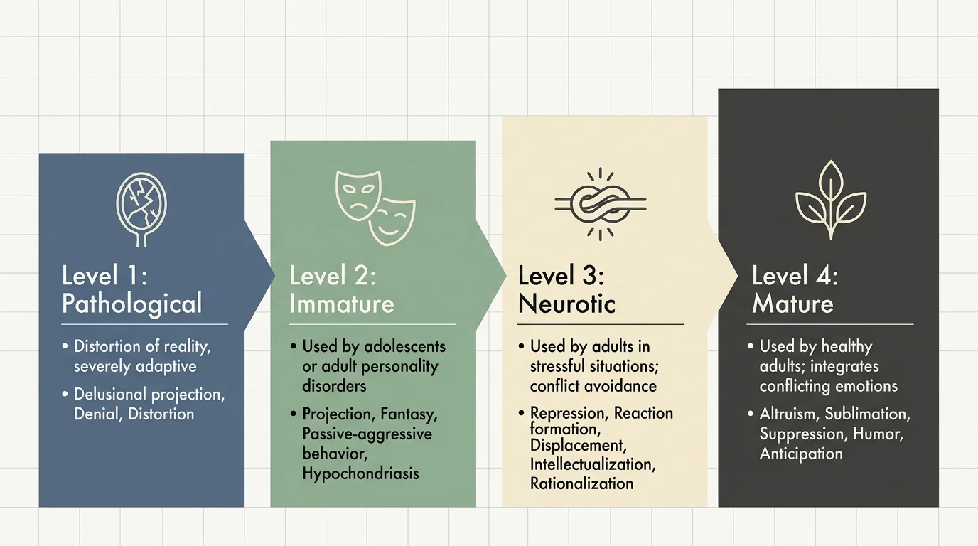 Horizontal infographic diagram showing George Vaillant's four levels of psychological defense with clear typographic labels.