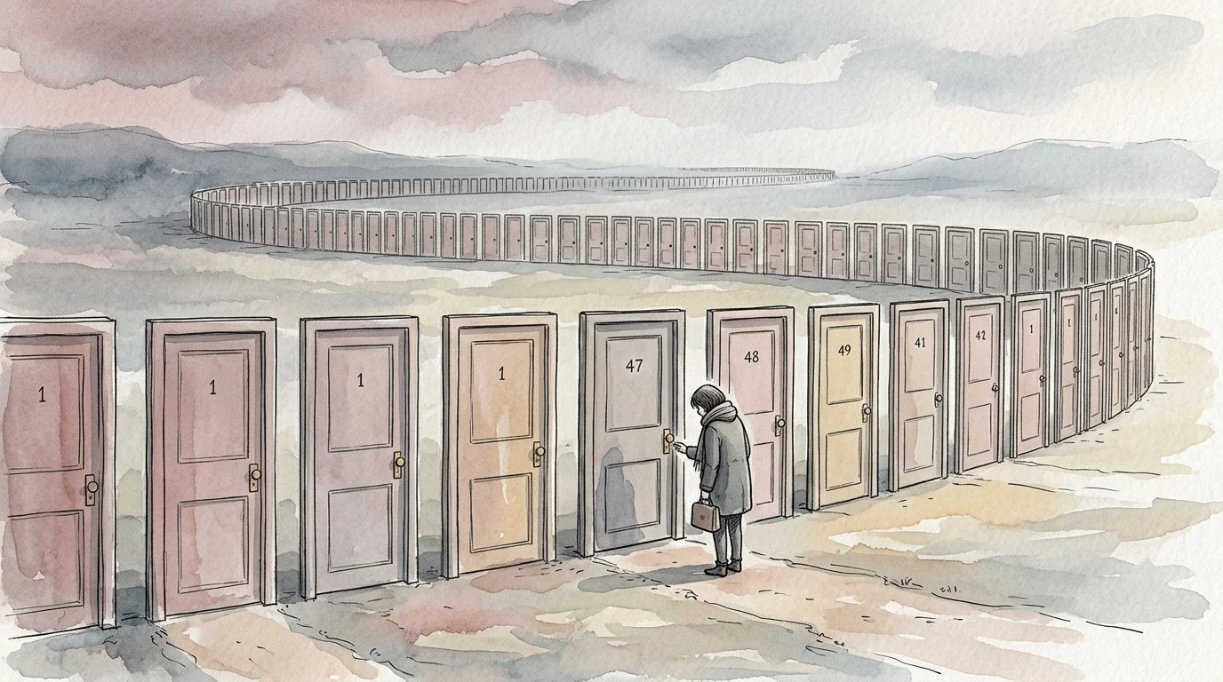 Illustration of a line of identical, repeating doors stretching into the distance with a figure standing before them.