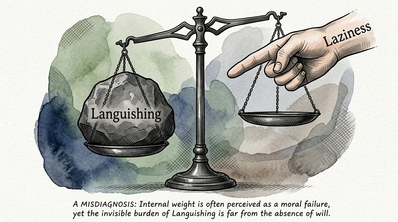 Illustration of a scale where a heavy stone labeled Languishing outweighs an accusing finger labeled Laziness.