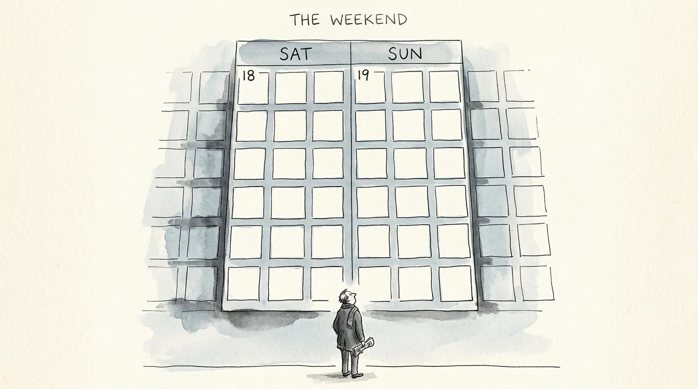 Illustration of a small figure standing before a massive, blank, towering calendar grid.