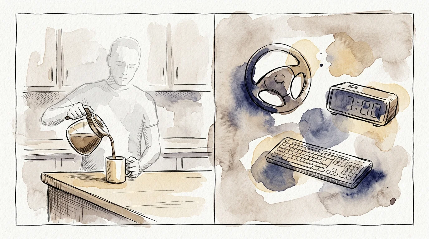 Ink and watercolor illustration of a faint, translucent person pouring coffee, surrounded by symbols of daily routines.
