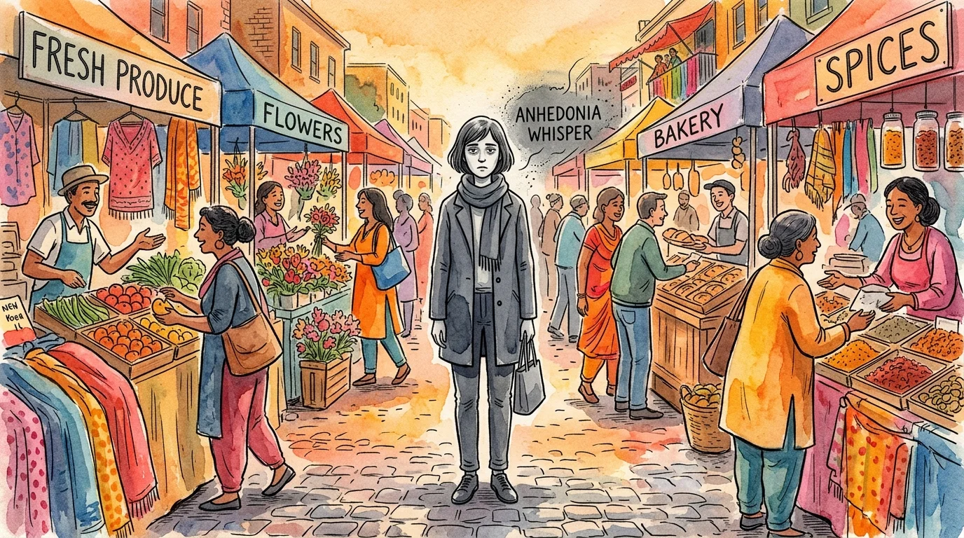 Ink and watercolor illustration of a gray, muted figure standing in the middle of a vibrant, colorful market.