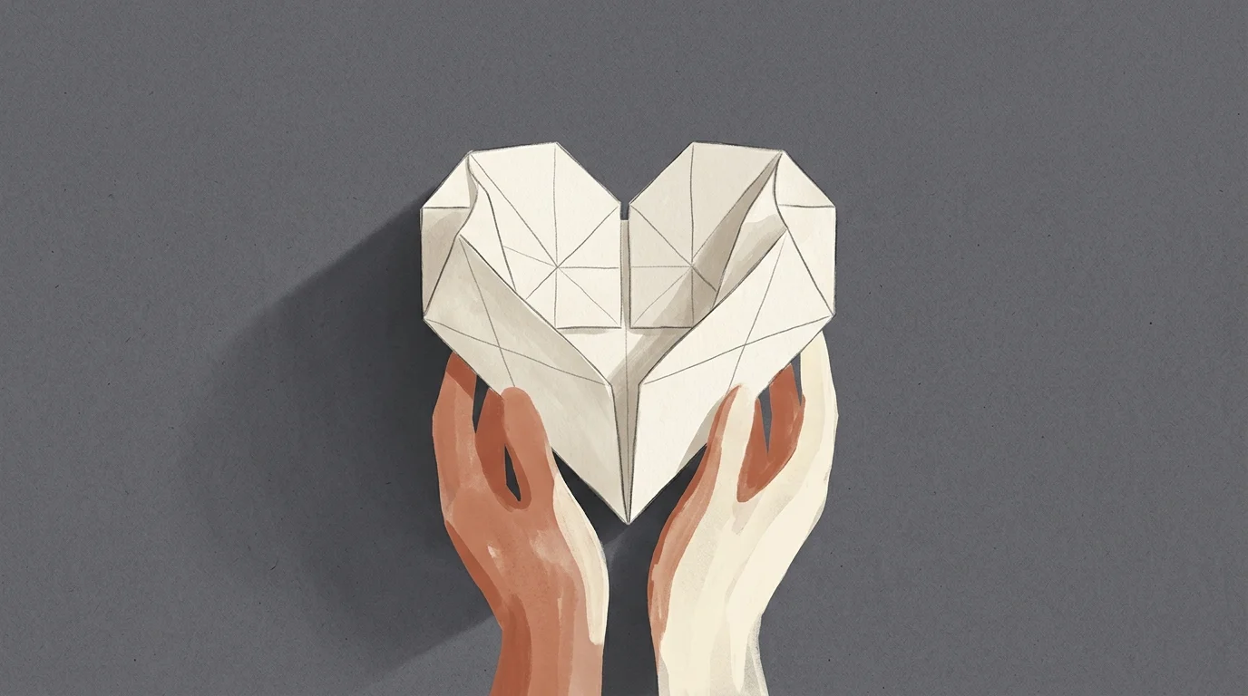 Minimalist gouache illustration of hands cradling a delicate origami heart, symbolizing emotional self-protection.