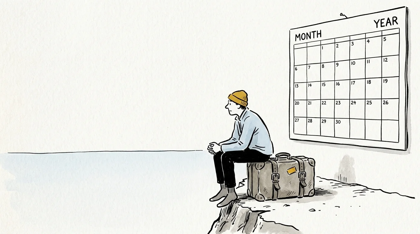 Minimalist illustration of a person sitting on a packed suitcase next to a blank wall calendar.