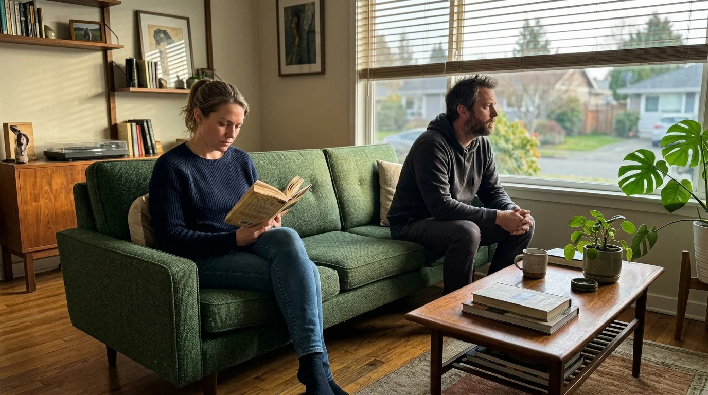 Two partners sit on opposite ends of a living room sofa, physically close but emotionally distant.