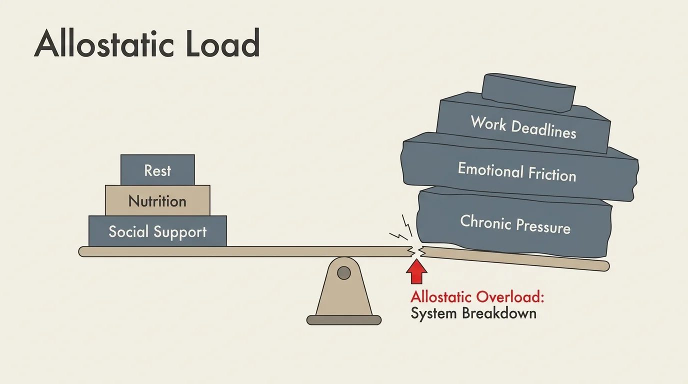 A balance scale diagram showing coping mechanisms on one side outweighed by a heavy stack of stressors, causing allostatic overload.