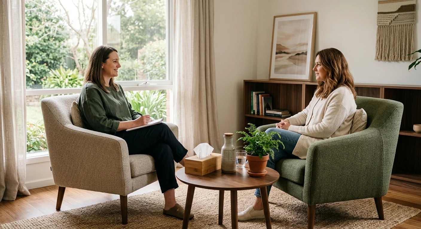Two women sitting in armchairs facing each other during a counseling session in a bright office.