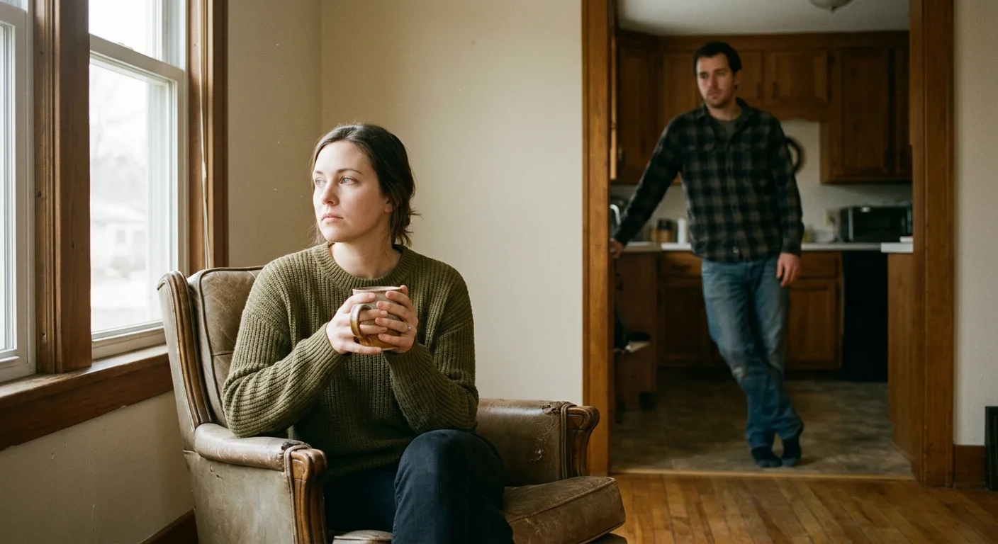 A candid 35mm film photo of a couple experiencing emotional distance in a sunlit living room, highlighting psychological separation.