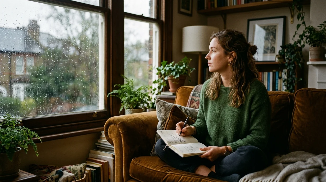 A candid film photograph of a woman sitting on a velvet sofa, quietly crossing out an event in her paper planner.