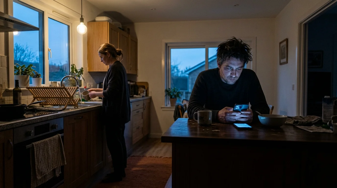 A candid, moody photo of a couple in a kitchen at dusk, physically close but emotionally distant and ignoring each other.
