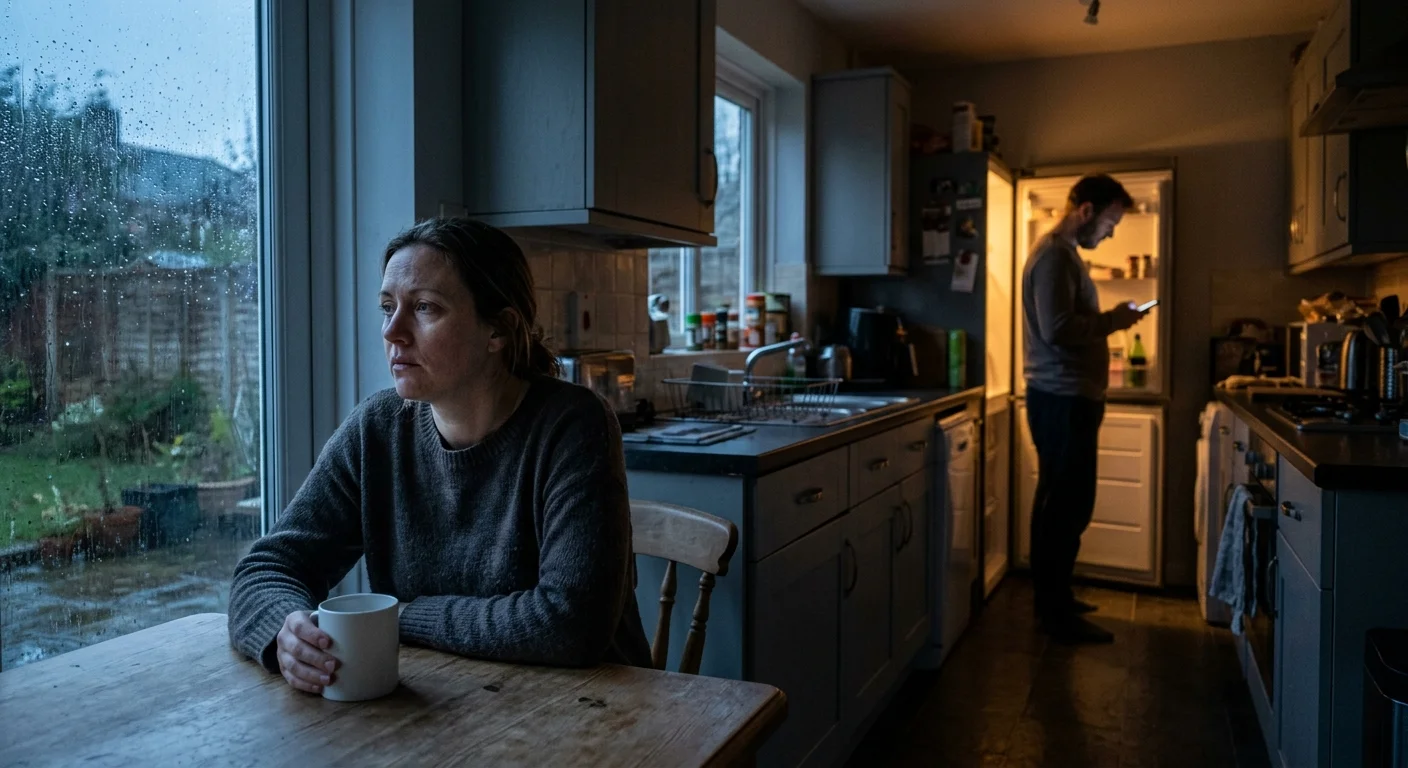 A candid photo of a couple in a dim kitchen at dusk, physically close but emotionally distant, ignoring each other.
