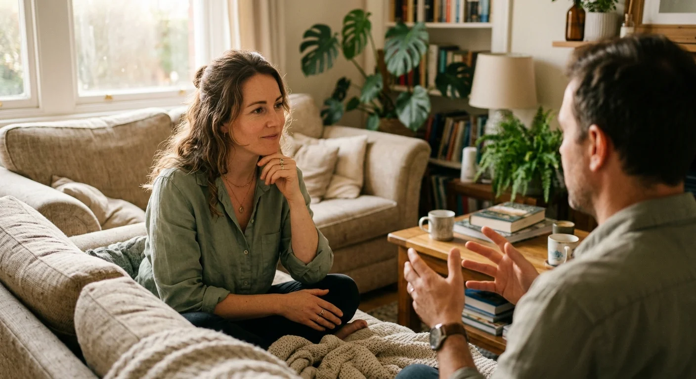 A candid photo of a woman on a cozy couch listening intently to her partner, with soft sunlight highlighting the warm moment.