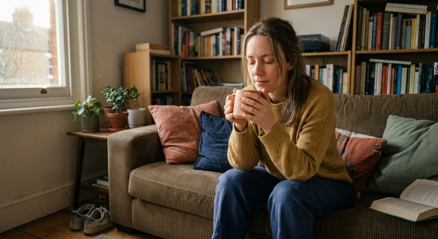 A candid photo of a woman sitting on a sofa, eyes closed, holding a mug and taking a deep breath to regulate her emotions.