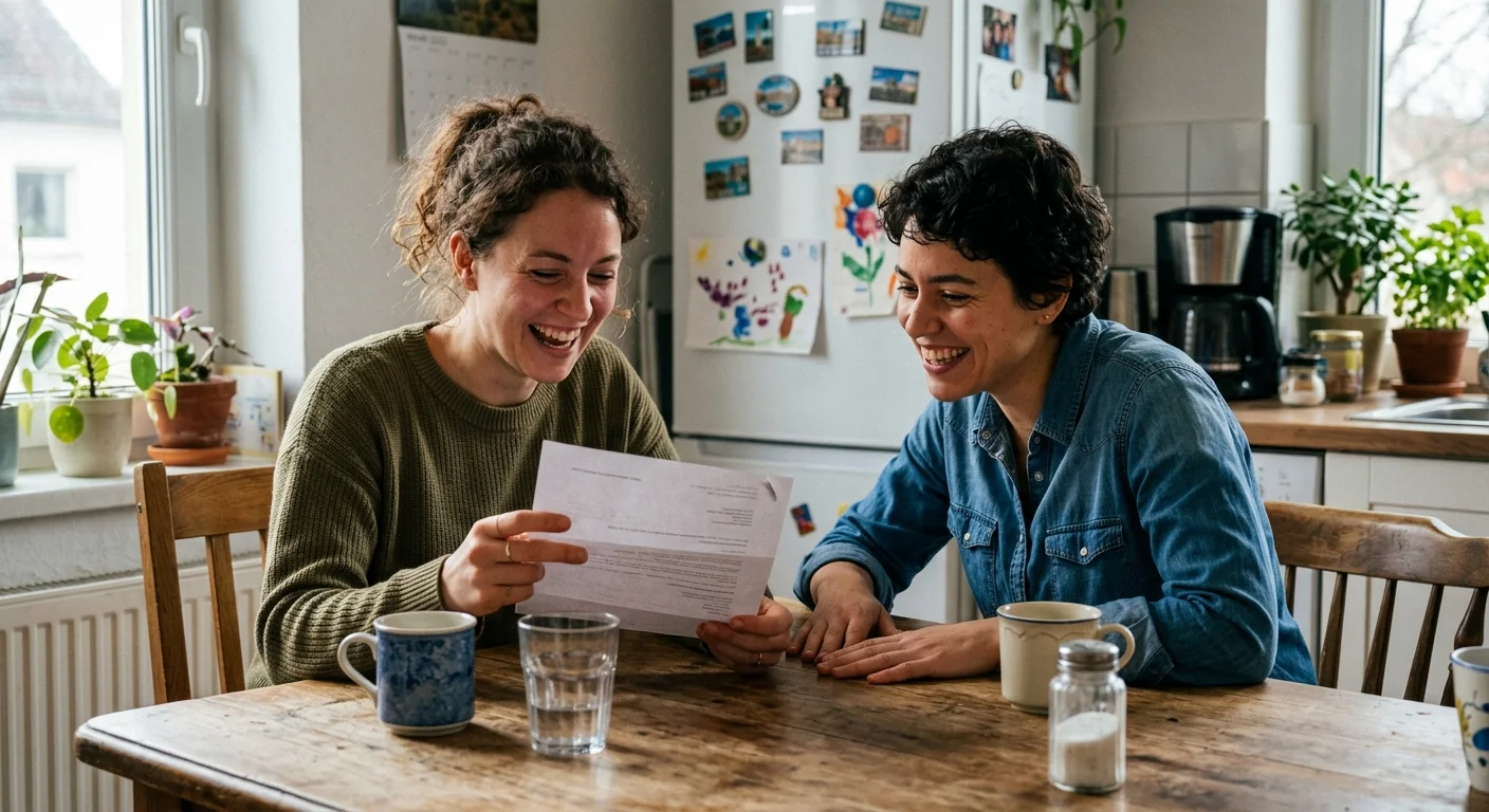 A candid photo of one friend celebrating another's good news over coffee at a rustic kitchen table.
