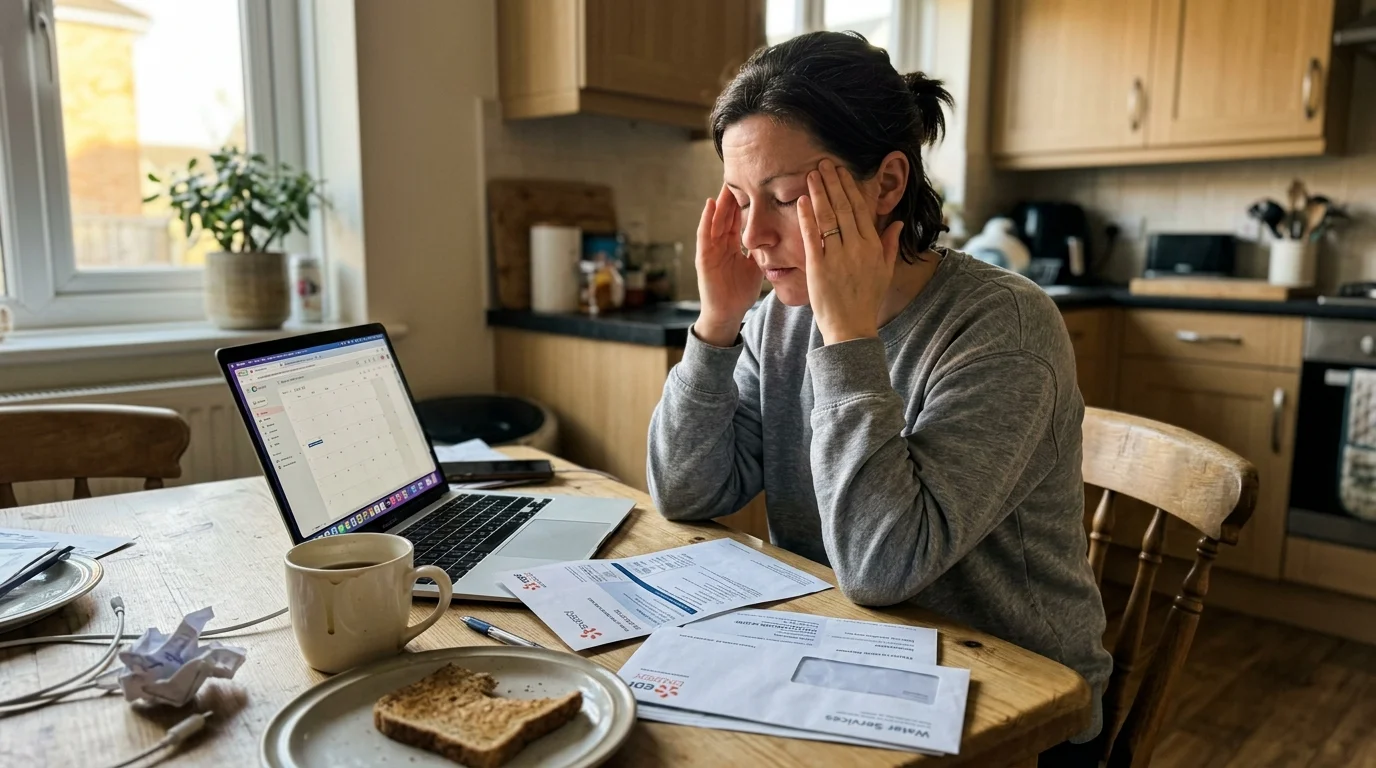 A candid photograph of an exhausted adult rubbing their temples at a cluttered kitchen table with bills and a laptop.
