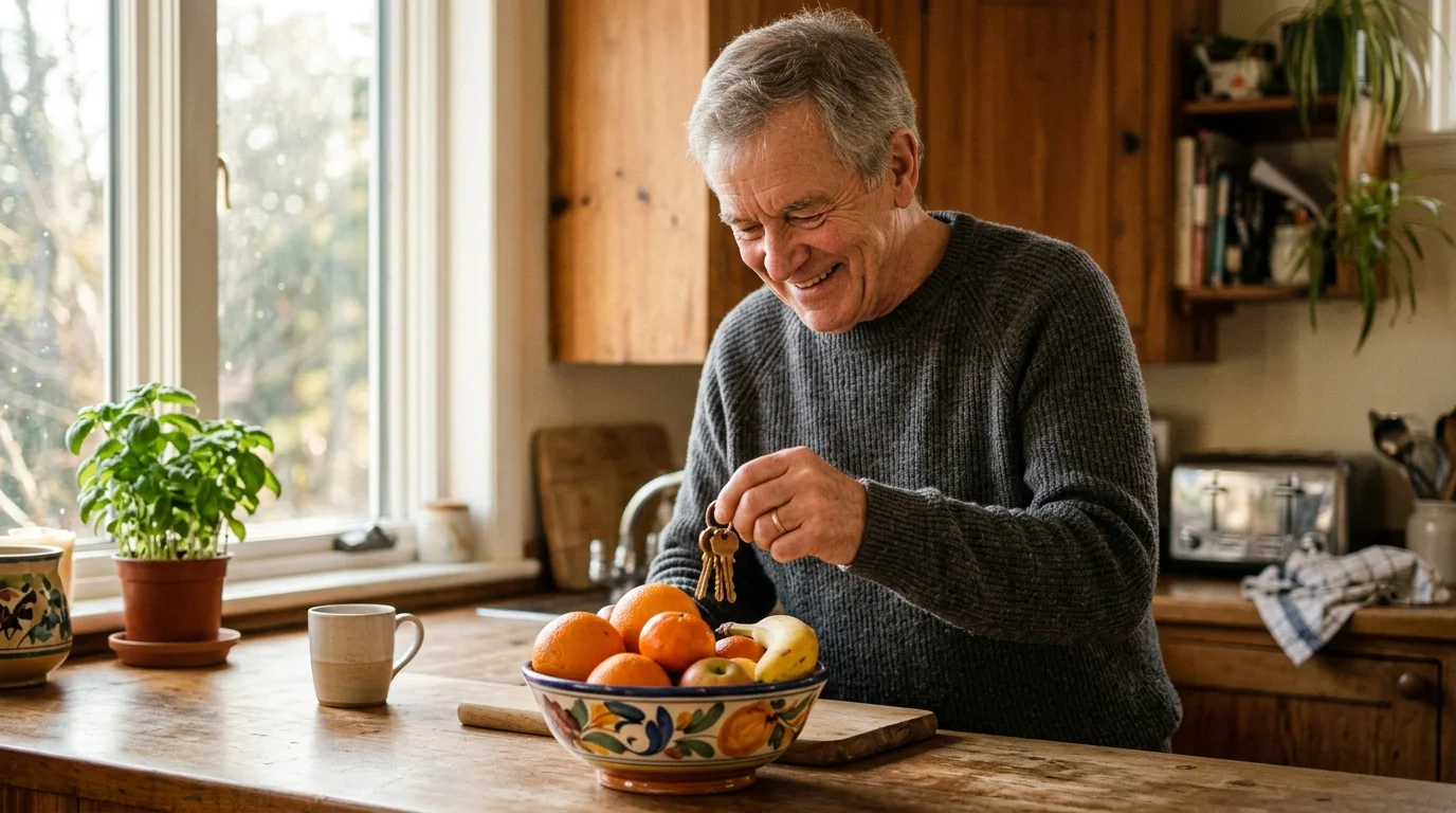 A candid photograph of an older man in a cozy kitchen, smiling as he finds his missing keys in a ceramic fruit bowl.