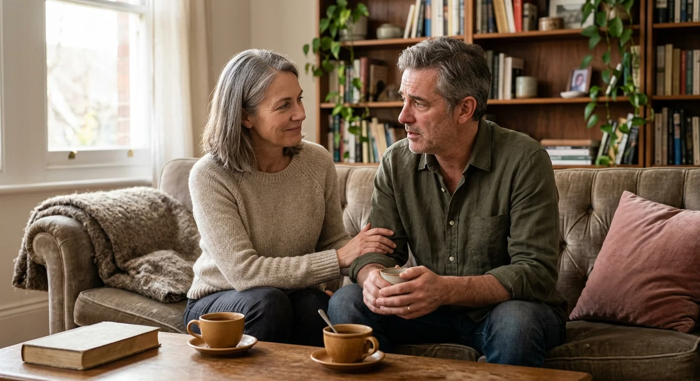 Woman comforting a man while sitting on a couch in a living room with coffee cups and bookshelves.