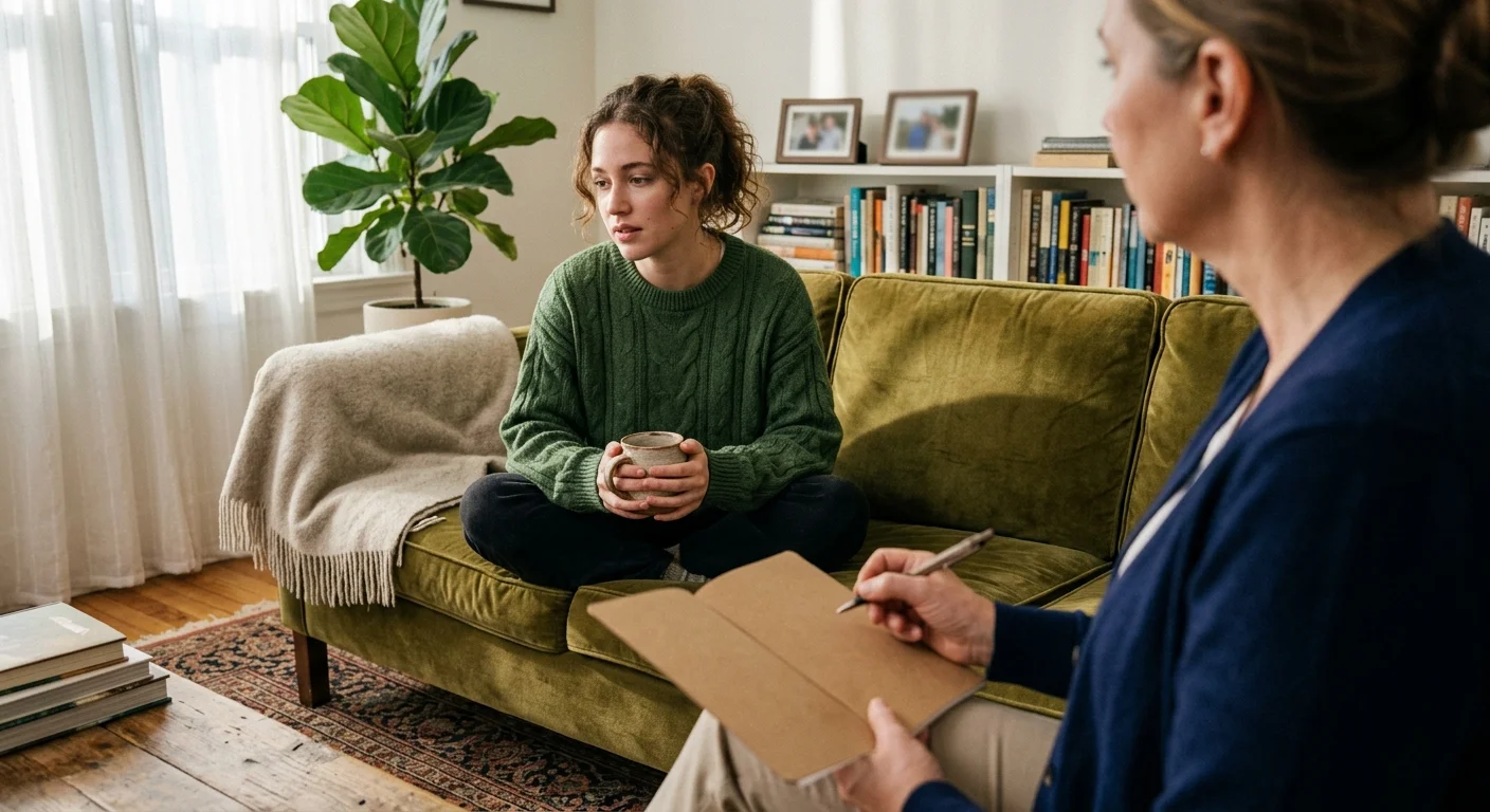 A candid, warm photo of a person talking comfortably on a green velvet sofa during a therapy session in a cozy, sunlit room.
