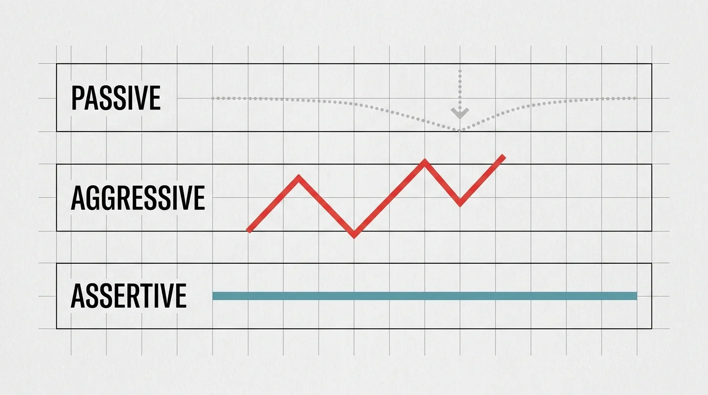 A clean comparative diagram showing passive (collapsing), aggressive (jagged), and assertive (steady) communication vectors.