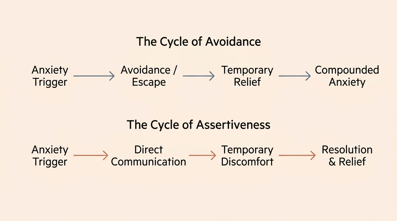 A clean comparative flowchart showing the cycle of avoidance versus the cycle of assertiveness.