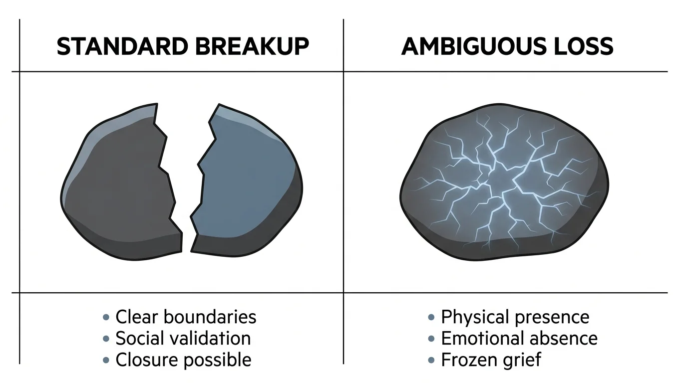 A clean comparison diagram contrasting a standard breakup as a clean split with ambiguous loss as internal, invisible fractures.