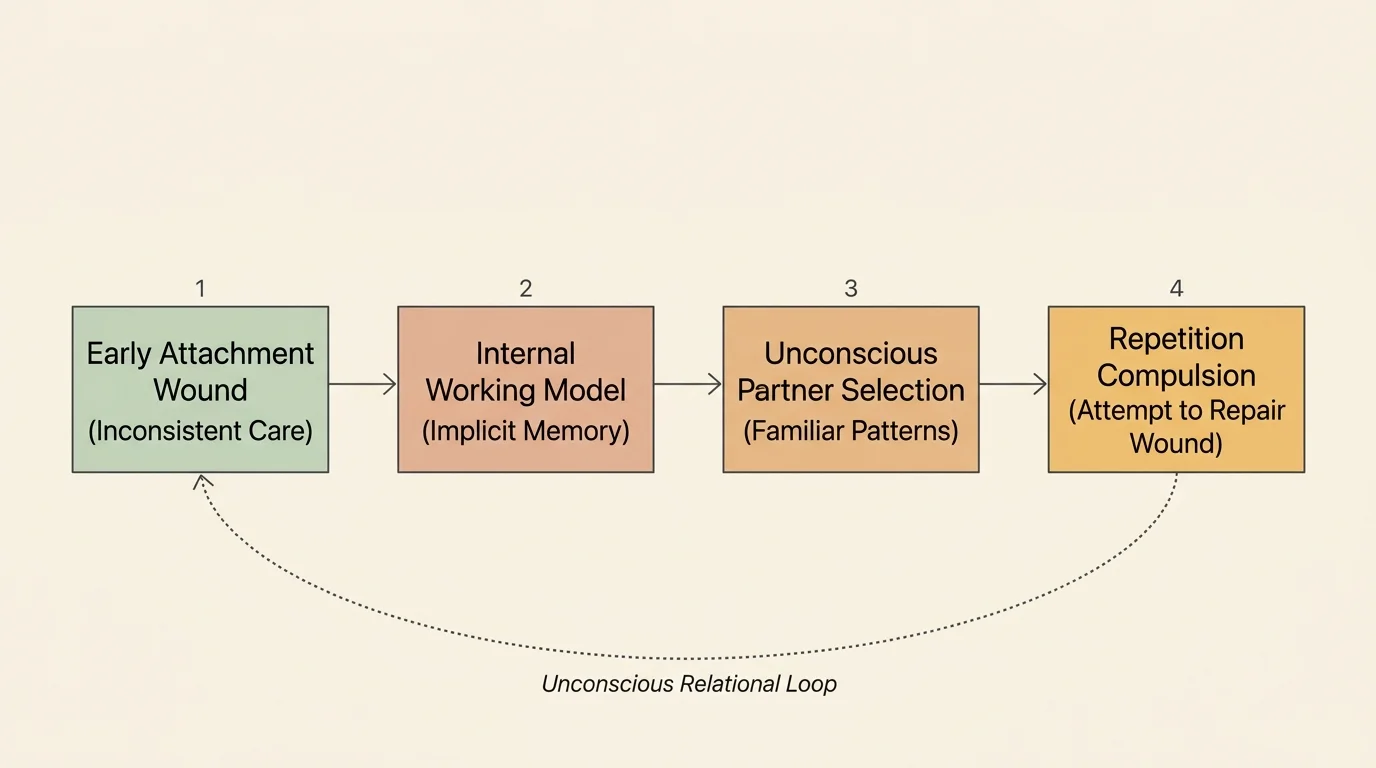 A clean conceptual flowchart diagram mapping out the cycle of repetition compulsion from childhood wound to adult partner selection.