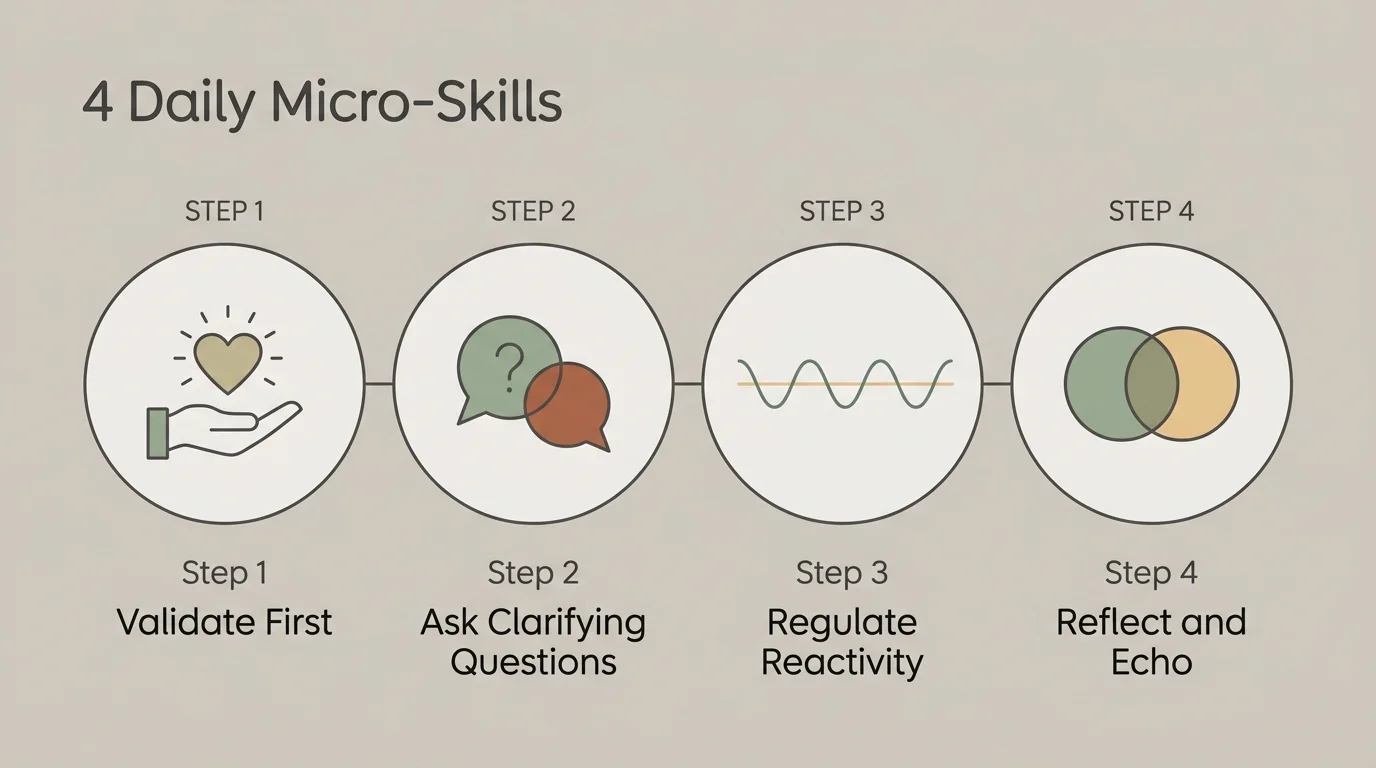 A clean four-step horizontal diagram outlining micro-skills: Validate First, Ask Clarifying Questions, Regulate Reactivity, and Reflect and