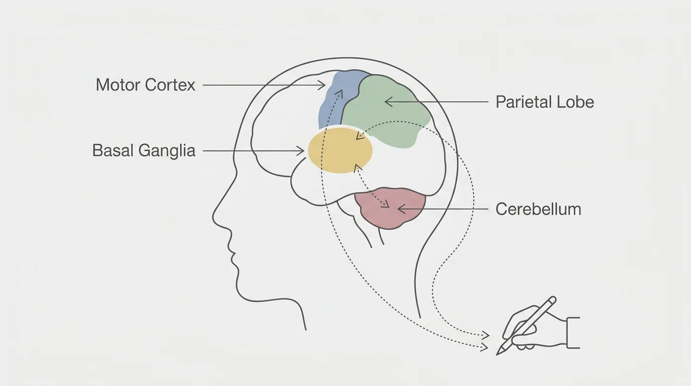 A clean, horizontal anatomical diagram highlighting the Motor Cortex, Basal Ganglia, Cerebellum, and Parietal Lobe inside a brain profile.