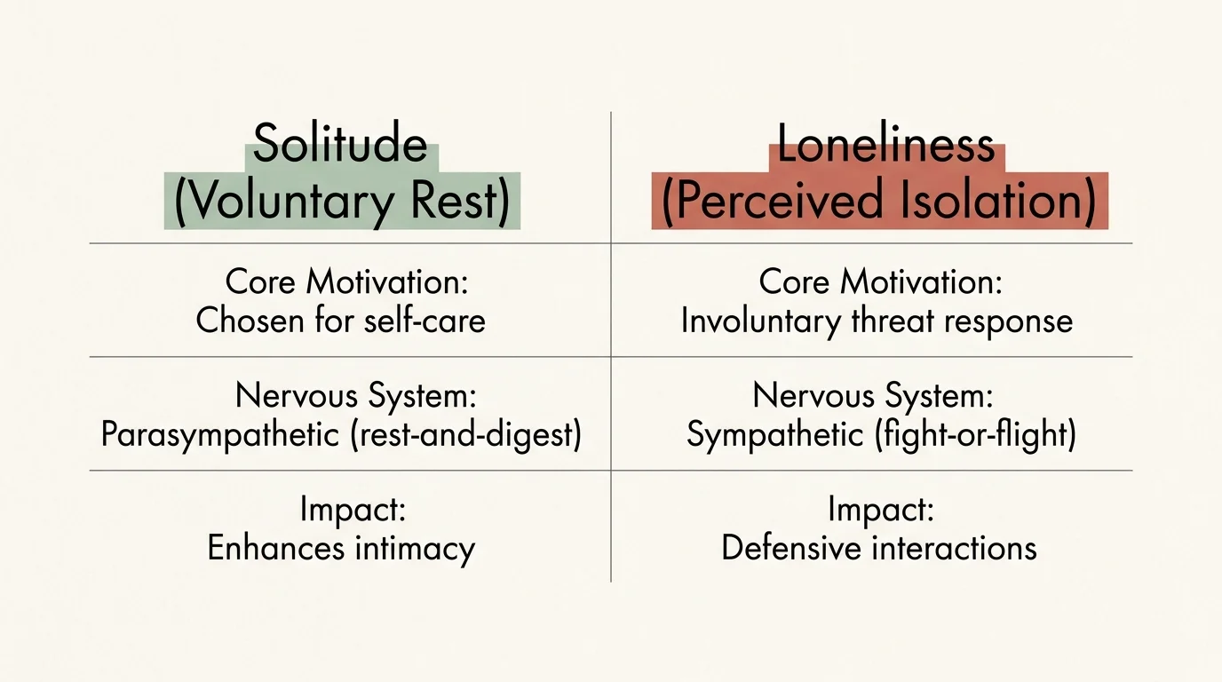 A clean, horizontal comparative chart contrasting the psychological states of voluntary solitude and perceived loneliness.
