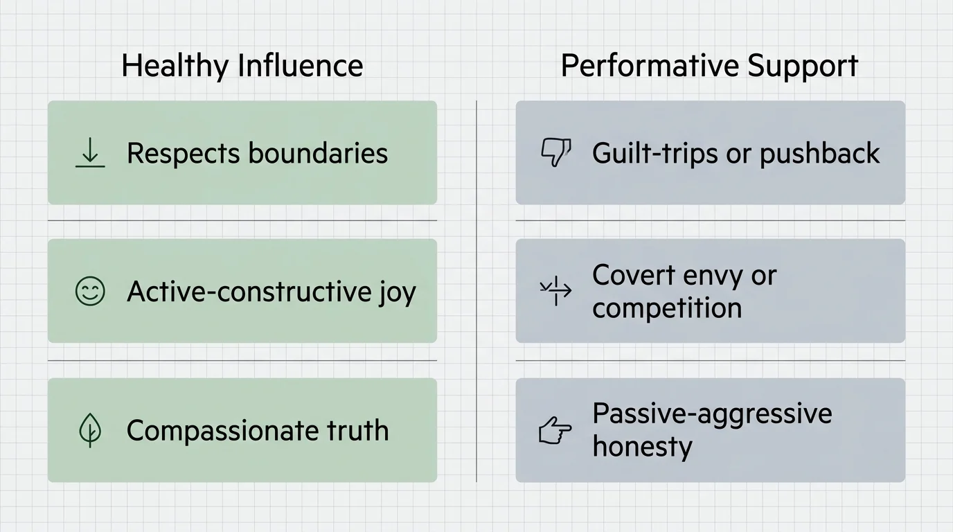 A clean, horizontal comparison chart contrasting the traits of a Healthy Influence against Performative Support.