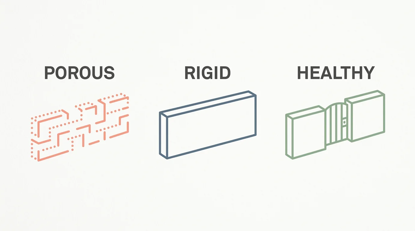 A clean, horizontal diagram showing three types of boundaries: porous (broken line), rigid (thick solid block), and healthy (a wall with a g