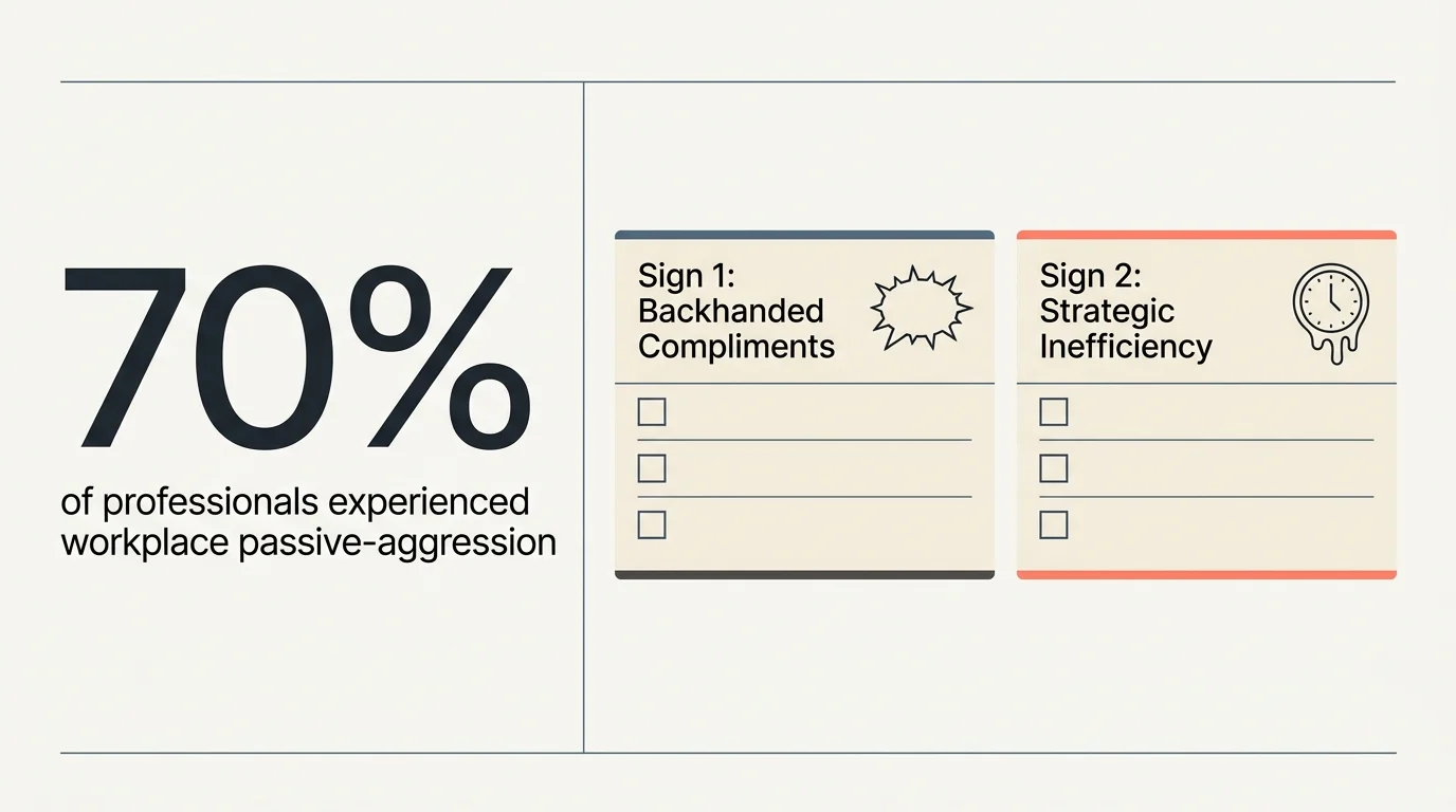 A clean horizontal infographic showcasing the 70% statistic alongside cards for backhanded compliments and strategic inefficiency.