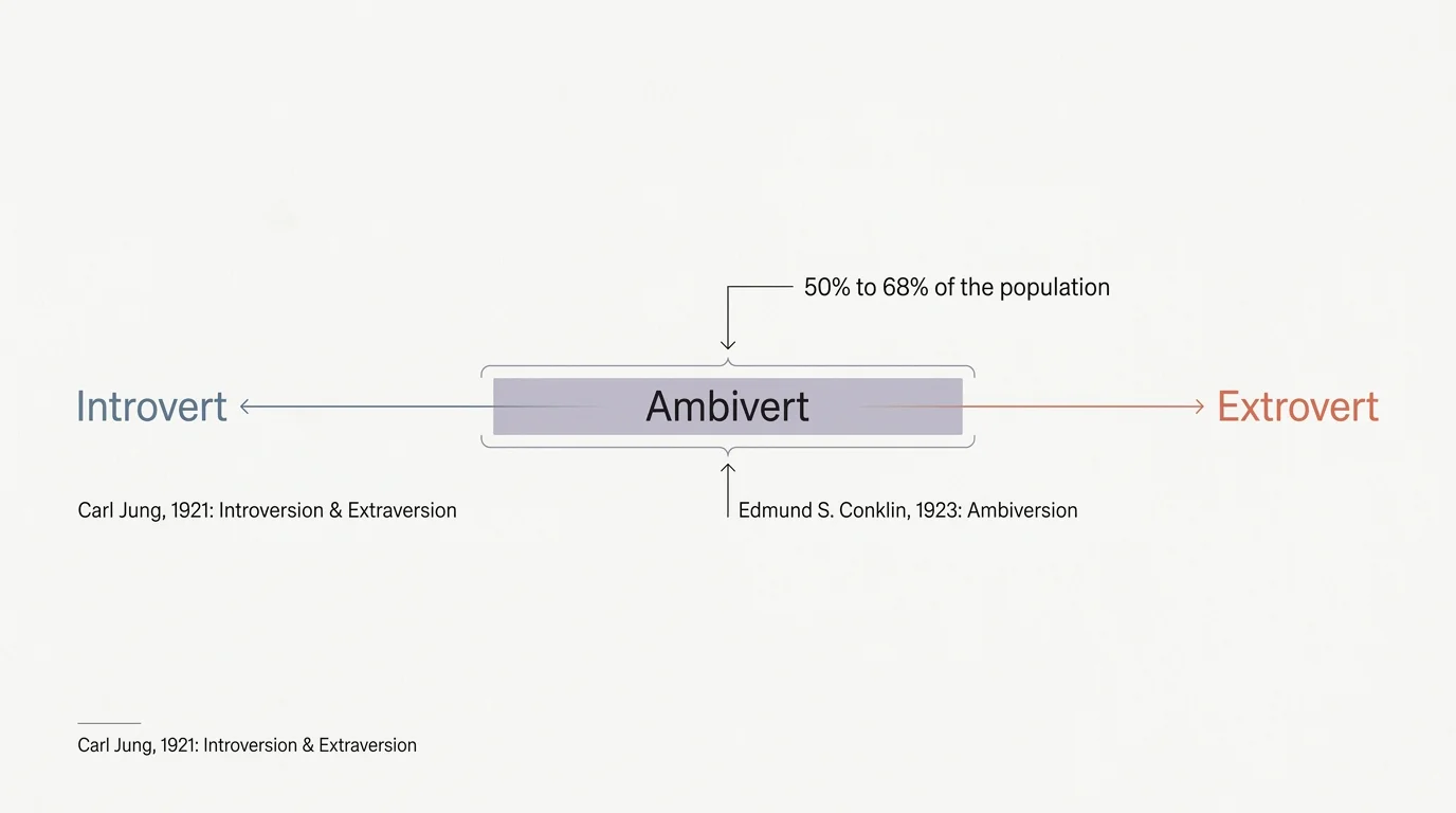 A clean, minimalist spectrum diagram showing the Ambivert profile positioned between Introvert and Extrovert, noting it represents 50% to 68