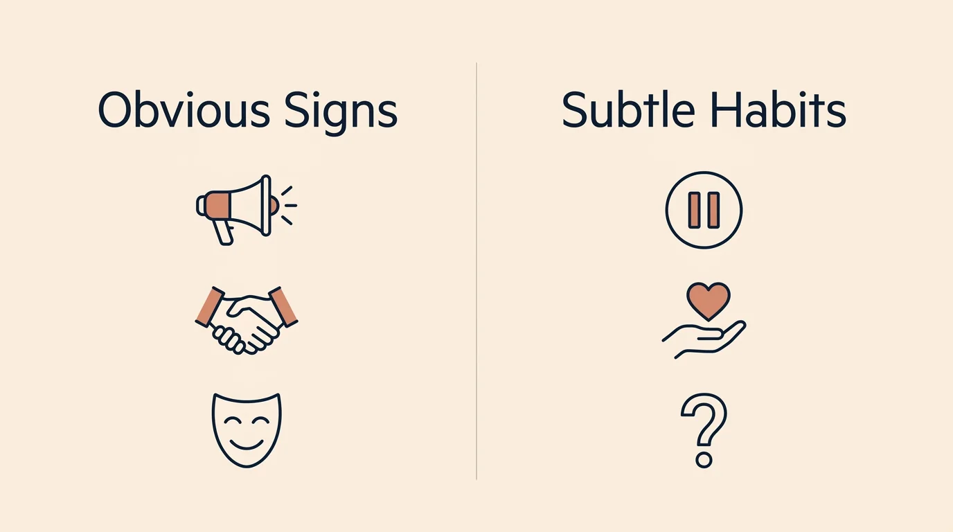 A clean two-column editorial chart comparing 'Obvious Signs' and 'Subtle Habits' of emotional intelligence with simple icons.