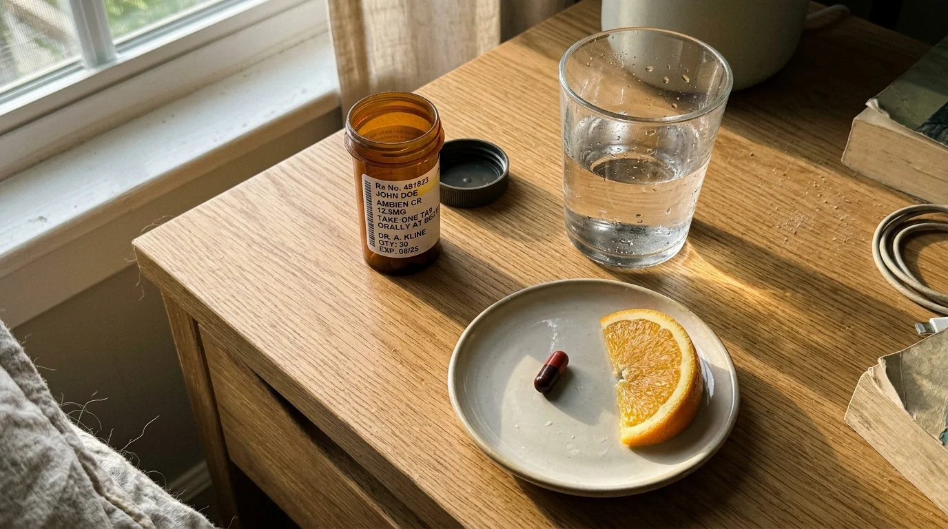 A close-up documentary photo of a bedside table with a bottle of vitamins, a glass of water, and an orange slice in morning light.